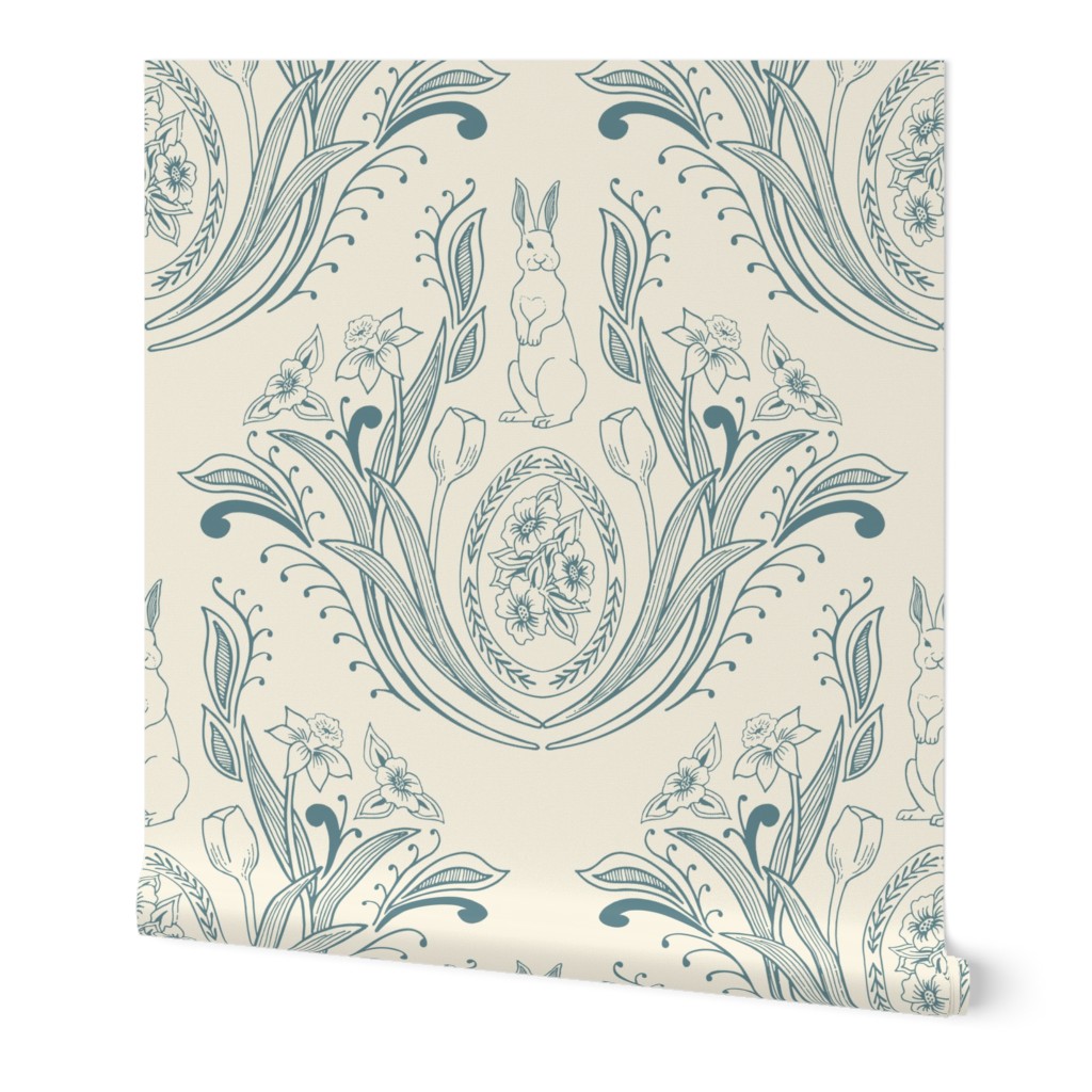 Easter Bunny Damask-Teal on Cream