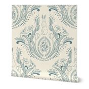 Easter Bunny Damask-Teal on Cream