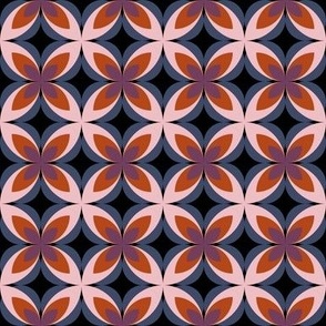 498 - Small scale  black, navy, pink orange and purple moody modern bold stylized symmetry geometric frangipane floral for wallpaper, retro duvet and sheet sets, vintage table cloths, mid-century modern curtains and pillows