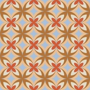 498 - Small scale  tangerine, mustard, cream and blue  modern bold stylized symmetry geometric frangipane floral for wallpaper, retro duvet and sheet sets, vintage table cloths, mid-century modern curtains and pillows