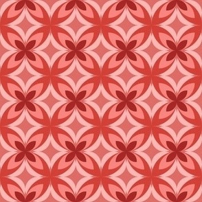 498 - Small scale  pink, coral and deep red modern bold stylized symmetry geometric frangipane floral for wallpaper, retro duvet and sheet sets, vintage table cloths, mid-century modern curtains and pillows
