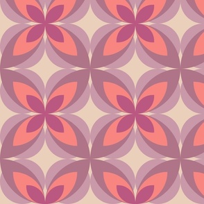 498 - Large scale mauve, lavender, purple and coral modern bold stylized symmetry geometric frangipane floral for wallpaper, retro duvet and sheet sets, vintage table cloths, mid-century modern curtains and pillows