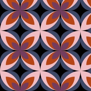498 - Large scale black, navy, pink orange and purple moody modern bold stylized symmetry geometric frangipane floral for wallpaper, retro duvet and sheet sets, vintage table cloths, mid-century modern curtains and pillows