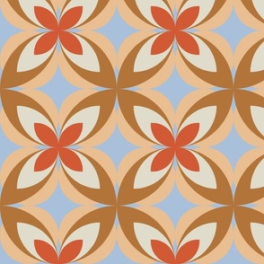 498 - Large scale tangerine, mustard, cream and blue modern bold stylized symmetry geometric frangipane floral for wallpaper, retro duvet and sheet sets, vintage table cloths, mid-century modern curtains and pillows