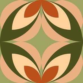 498 - Large scale pine green, burnt orange umber and baby yellow modern bold stylized symmetry geometric frangipane floral for wallpaper, retro duvet and sheet sets, vintage table cloths, mid-century modern curtains and pillows