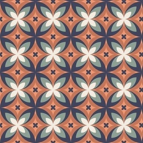 501 - Small scale sage green gray, navy blue, cream and burnt orange modern bold stylized symmetry geometric frangipane floral for wallpaper, retro duvet and sheet sets, vintage table cloths, mid-century modern curtains and pillows