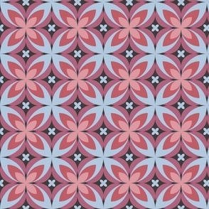 501 - Small scale  terracotta orange, pink, pale blue and gray modern bold stylized symmetry geometric frangipane floral for wallpaper, retro duvet and sheet sets, vintage table cloths, mid-century modern curtains and pillows