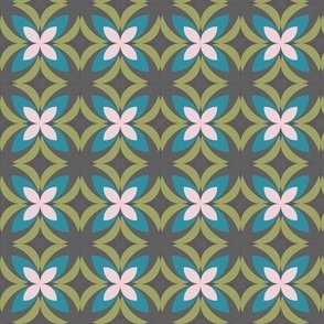 501 - Small scale fresh olive green, baby pink and turquoise modern bold stylized symmetry geometric frangipane floral for wallpaper, retro duvet and sheet sets, vintage table cloths, mid-century modern curtains and pillows