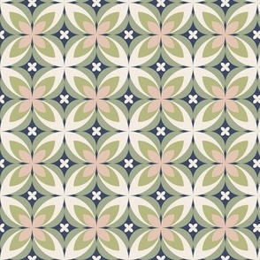501 - $ Small  scale springtime leaf sage green, navy blue and pastel pink  modern bold stylized symmetry geometric frangipane floral for wallpaper, retro duvet and sheet sets, vintage table cloths, mid-century modern curtains and pillows