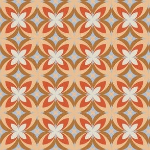 501 - Small scale orange, mustard, pale blue and off white warm neutral   modern bold stylized symmetry geometric frangipane floral for wallpaper, retro duvet and sheet sets, vintage table cloths, mid-century modern curtains and pillows