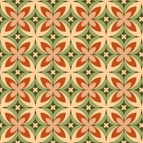 501 - Small scale  sap leaf green, buttery yellow and burnt orange modern bold stylized symmetry geometric frangipane floral for wallpaper, retro duvet and sheet sets, vintage table cloths, mid-century modern curtains and pillows