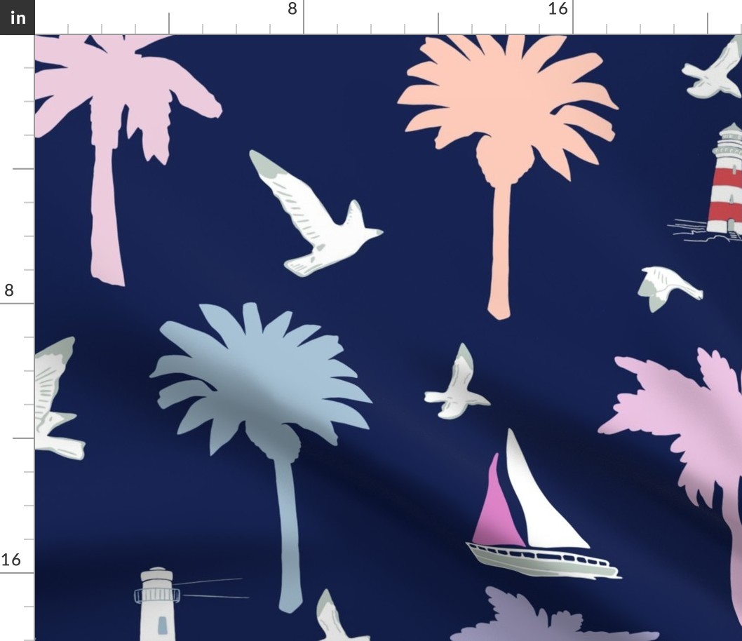 Yachts, lighthouses and palm trees in Pastel on French Navy
