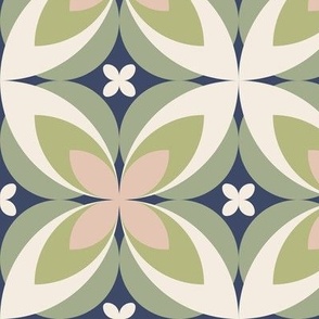 501 - Large scale springtime leaf sage green, navy blue and pastel pink  modern bold stylized symmetry geometric frangipane floral for wallpaper, retro duvet and sheet sets, vintage table cloths, mid-century modern curtains and pillows