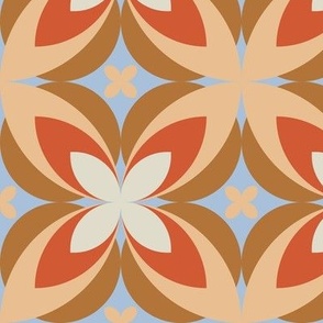 501- Large scale orange, mustard, pale blue and off white warm neutral  modern bold stylized symmetry geometric frangipane floral for wallpaper, retro duvet and sheet sets, vintage table cloths, mid-century modern curtains and pillows