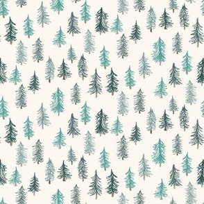463 - Mini micro small scale Pine tree wild forest on snowy hill in teal and turquoise- For cabin cozy baby nursery wallpaper, cot sheets, children’s winter Xmas pjs, kids and adults pyjamas/pajamas, patchwork, quilting, festive table napkins and table ru