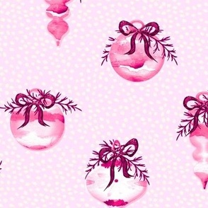 Shades of Hot Pink Ornaments on Light Pink with Snow