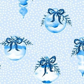 Shades of Bluebell Ornaments on Light Blue with Snow