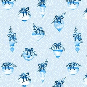 Small Shades of Bluebell Ornaments on Light Blue with Snow