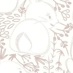 rabbit flower dance in the whimsical bushes, medium scale beige and ivory_sketched art 