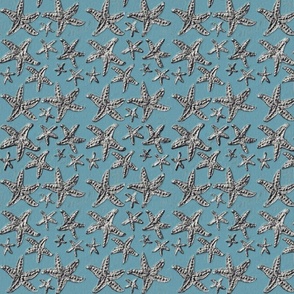 Sandy Silver Starfish Block Print On Slate Blue Watercolor Background