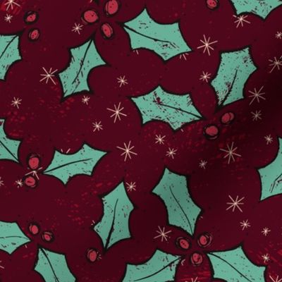 Rustic hand drawn holly design in reds and greens “Holly leaves and berries”