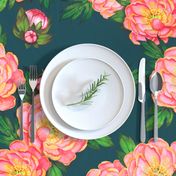 Floral Design - Cheerful pinkish Orange peonies on a Dark bluest green background