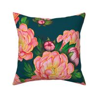 Floral Design - Cheerful pinkish Orange peonies on a Dark bluest green background