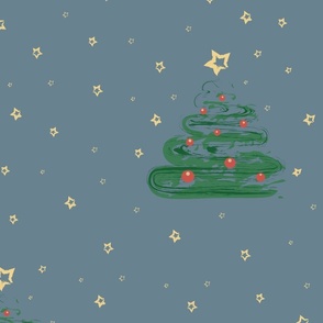 Christmas tree brush art on blue - xl - wallpaper, bedding