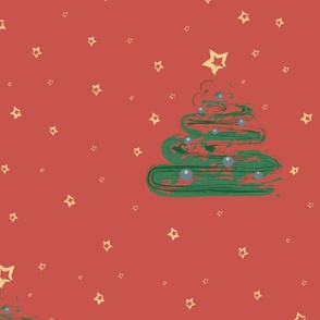 Christmas tree brush art on red - xl - wallpaper, bedding