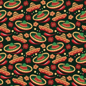 Mexican Sombrero Hats Festive Seamless Pattern on Black Background