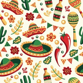 Mexican Culture Cinco De Mayo Festive Seamless Pattern on White Background