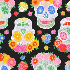 Extra Large - Dia de Muertos - Calaveras - Sugar Skulls - Halloween Skull - Day of the Dead - Colorful Dia De Los Muertos Fabric - Floral scull - sculls with flower wreaths - Black