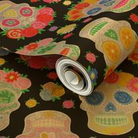 Medium - Dia de Muertos - Calaveras - Sugar Skulls - Halloween Skull - Day of the Dead - Colorful Dia De Los Muertos Fabric - Floral scull - sculls with flower wreaths - Black