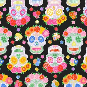 Medium - Dia de Muertos - Calaveras - Sugar Skulls - Halloween Skull - Day of the Dead - Colorful Dia De Los Muertos Fabric - Floral scull - sculls with flower wreaths - Black