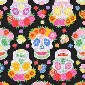 Small - Dia de Muertos - Calaveras - Sugar Skulls - Halloween Skull - Day of the Dead - Colorful Dia De Los Muertos Fabric - Floral scull - sculls with flower wreaths - Black