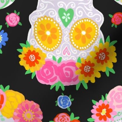 Large - Dia de Muertos - Calaveras - Sugar Skulls - Halloween Skull - Day of the Dead - Colorful Dia De Los Muertos Fabric - Floral scull - sculls with flower wreaths - Black - Challenge