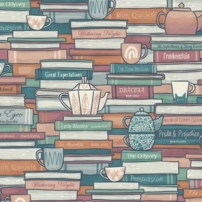 Book Stacks and Tea, blue and red, medium