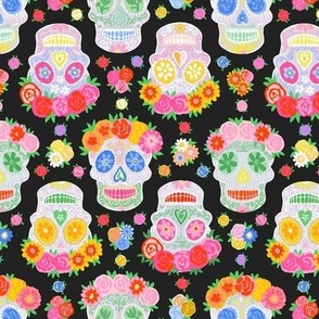 Extra small - Dia de Muertos - Calaveras - Sugar Skulls - Halloween Skull - Day of the Dead - Colorful Dia De Los Muertos Fabric - Floral scull - sculls with flower wreaths - Black 50