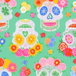 Extra Large - Dia de Muertos - Calaveras - Sugar Skulls - Halloween Skull - Day of the Dead - Colorful Dia De Los Muertos Fabric - Floral scull - sculls with flower wreaths - Jade green
