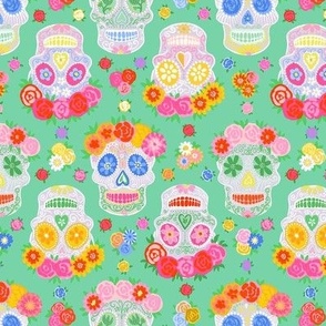 Extra small - Dia de Muertos - Calaveras - Sugar Skulls - Halloween Skull - Day of the Dead - Colorful Dia De Los Muertos Fabric - Floral scull - sculls with flower wreaths - Jade green