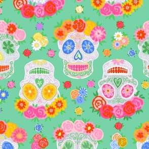 Large - Dia de Muertos - Calaveras - Sugar Skulls - Halloween Skull - Day of the Dead - Colorful Dia De Los Muertos Fabric - Floral scull - sculls with flower wreaths - Jade green