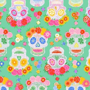 Medium - Dia de Muertos - Calaveras - Sugar Skulls - Halloween Skull - Day of the Dead - Colorful Dia De Los Muertos Fabric - Floral scull - sculls with flower wreaths - Jade green