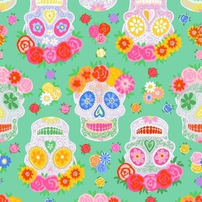 Small - Dia de Muertos - Calaveras - Sugar Skulls - Halloween Skull - Day of the Dead - Colorful Dia De Los Muertos Fabric - Floral scull - sculls with flower wreaths - Jade green