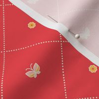 Tiny scale / Simple pastel butterflies and yellow flowers on red dotted diamond / micro mini small Soft pink butterfly florals with beige diagonal stripes polka dots argyle on bright Valentines day blender trellis quilt