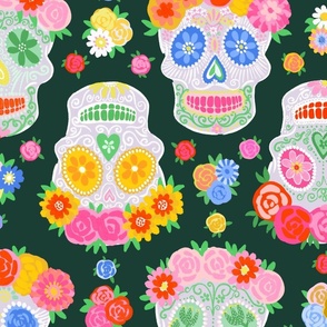 Extra Large - Dia de Muertos - Calaveras - Sugar Skulls - Halloween Skull - Day of the Dead - Colorful Dia De Los Muertos Fabric - Floral scull - sculls with flower wreaths - dark green