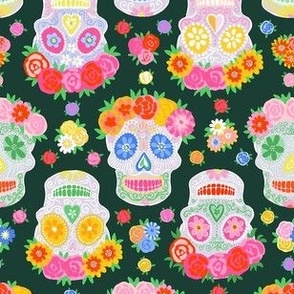 Extra small - Dia de Muertos - Calaveras - Sugar Skulls - Halloween Skull - Day of the Dead - Colorful Dia De Los Muertos Fabric - Floral scull - sculls with flower wreaths - dark green