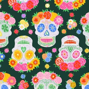 Large - Dia de Muertos - Calaveras - Sugar Skulls - Halloween Skull - Day of the Dead - Colorful Dia De Los Muertos Fabric - Floral scull - sculls with flower wreaths - dark green