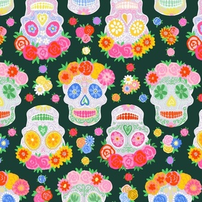 Medium - Dia de Muertos - Calaveras - Sugar Skulls - Halloween Skull - Day of the Dead - Colorful Dia De Los Muertos Fabric - Floral scull - sculls with flower wreaths - dark green