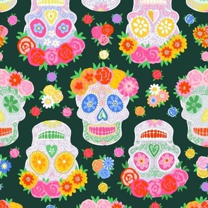 Small - Dia de Muertos - Calaveras - Sugar Skulls - Halloween Skull - Day of the Dead - Colorful Dia De Los Muertos Fabric - Floral scull - sculls with flower wreaths - dark green
