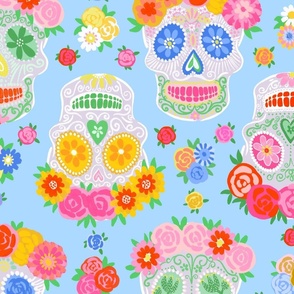Extra Large - Dia de Muertos - Calaveras - Sugar Skulls - Halloween Skull - Day of the Dead - Colorful Dia De Los Muertos Fabric - Floral scull - sculls with flower wreaths - Light blue